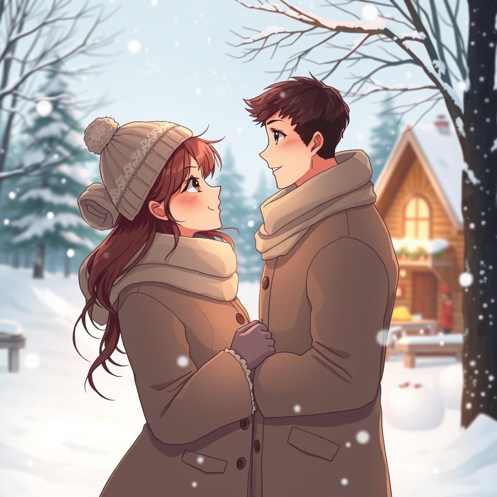 A romantic couple in love during winter, depicted in an anime style