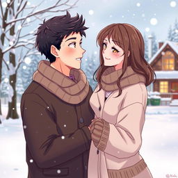 A romantic couple in love during winter, depicted in an anime style