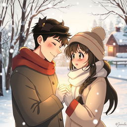 A romantic couple in love during winter, depicted in an anime style