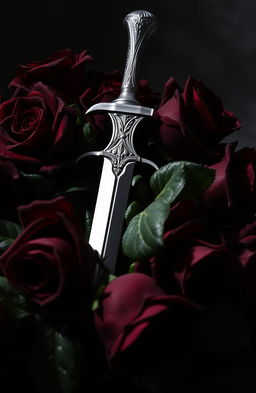 A dramatic and moody composition featuring dark, rich red roses with velvety petals and deep green leaves, intertwined with a gleaming silver dagger