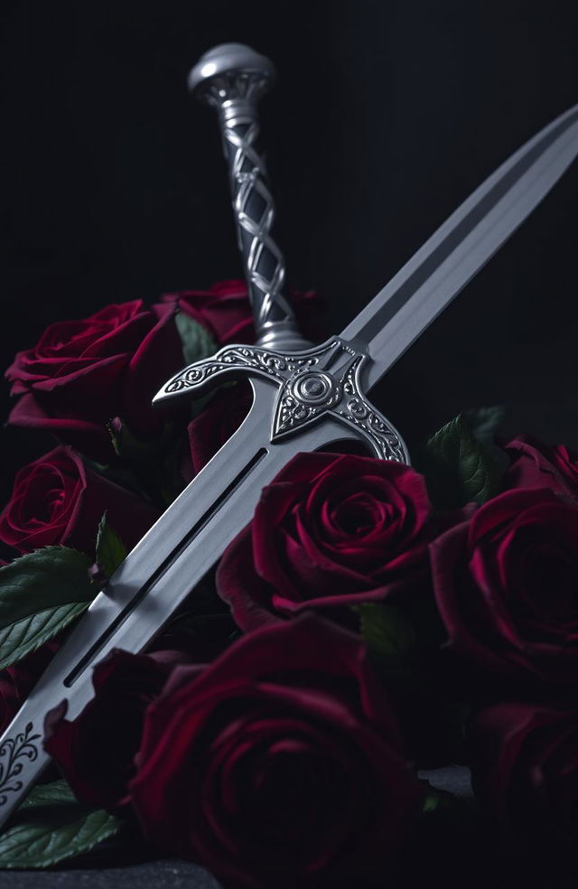 A dramatic and moody composition featuring dark, rich red roses with velvety petals and deep green leaves, intertwined with a gleaming silver dagger