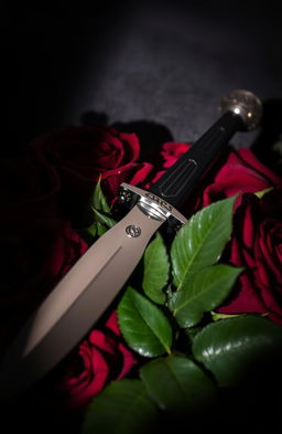 A dramatic and moody composition featuring dark, rich red roses with velvety petals and deep green leaves, intertwined with a gleaming silver dagger