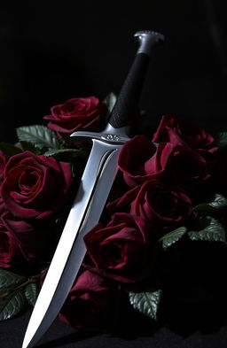 A dramatic and moody composition featuring dark, rich red roses with velvety petals and deep green leaves, intertwined with a gleaming silver dagger