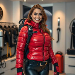An alluring slim woman with an attractive figure, clad in a shiny red puffy cold water immersion suit that accentuates her voluptuous curves
