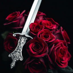 A striking composition featuring dark red roses intertwined with an ornate silver dagger