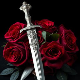 A striking composition featuring dark red roses intertwined with an ornate silver dagger