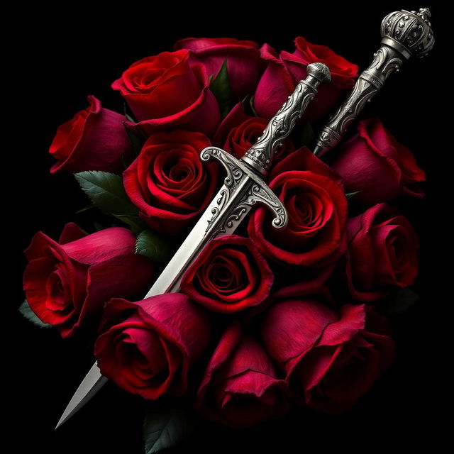 A striking composition featuring dark red roses intertwined with an ornate silver dagger