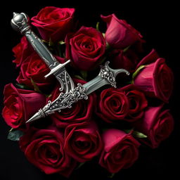 A striking composition featuring dark red roses intertwined with an ornate silver dagger