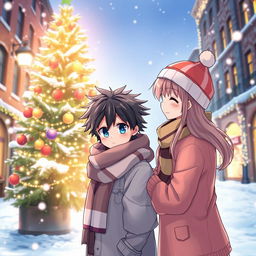 A romantic scene featuring a boy and a girl embracing on a snowy street, gazing at a beautifully decorated Christmas tree