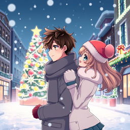 A romantic scene featuring a boy and a girl embracing on a snowy street, gazing at a beautifully decorated Christmas tree
