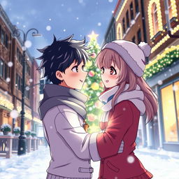 A romantic scene featuring a boy and a girl embracing on a snowy street, gazing at a beautifully decorated Christmas tree