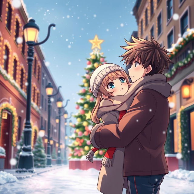 A romantic scene featuring a boy and a girl embracing on a snowy street, gazing at a beautifully decorated Christmas tree