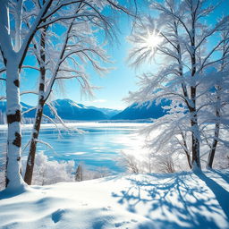 A stunning winter landscape showcasing a serene snowy scene, featuring elegant snow-covered trees, a peaceful frozen lake reflecting the clear blue sky, and mountains in the background
