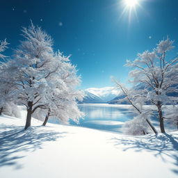 A stunning winter landscape showcasing a serene snowy scene, featuring elegant snow-covered trees, a peaceful frozen lake reflecting the clear blue sky, and mountains in the background