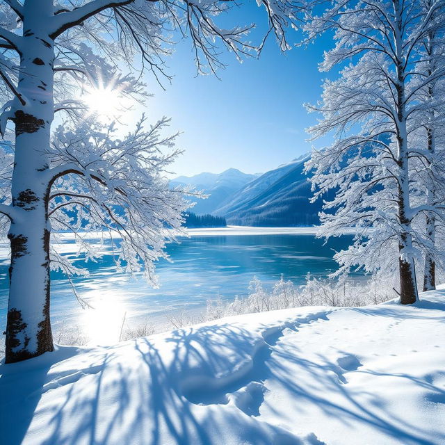 A stunning winter landscape showcasing a serene snowy scene, featuring elegant snow-covered trees, a peaceful frozen lake reflecting the clear blue sky, and mountains in the background