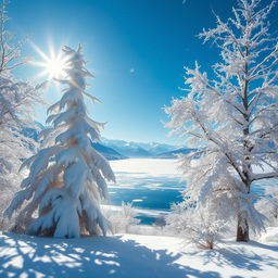 A stunning winter landscape showcasing a serene snowy scene, featuring elegant snow-covered trees, a peaceful frozen lake reflecting the clear blue sky, and mountains in the background