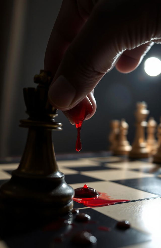 A close-up of a person's hand gripping the top of a chess piece on a chessboard, with vivid red blood dripping from the fingers and splattering onto the board