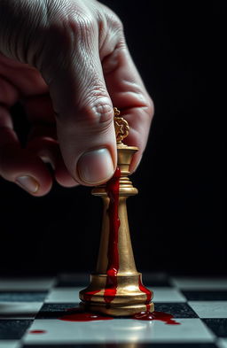 A close-up of a person's hand gripping the top of a chess piece on a chessboard, with vivid red blood dripping from the fingers and splattering onto the board
