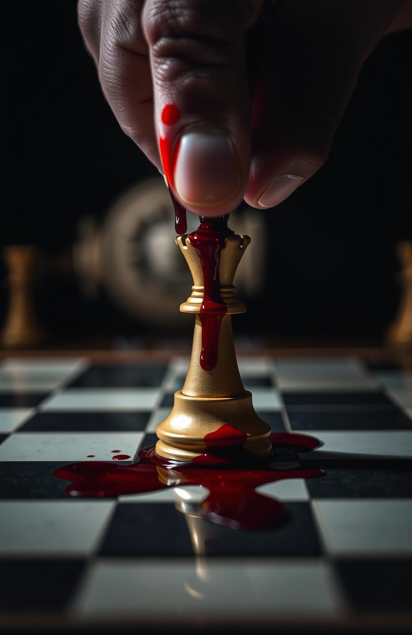 A close-up of a person's hand gripping the top of a chess piece on a chessboard, with vivid red blood dripping from the fingers and splattering onto the board