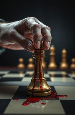 A close-up of a person's hand gripping the top of a chess piece on a chessboard, with vivid red blood dripping from the fingers and splattering onto the board
