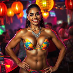 A full-body portrait of a muscular Latin woman in a colorful bikini, exuding confidence at a vibrant nightclub