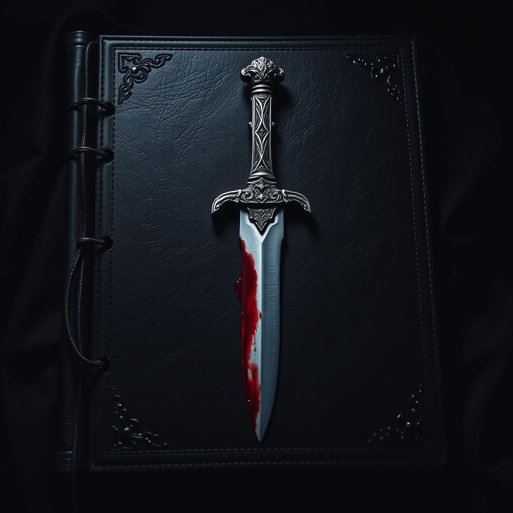 A dramatic scene featuring a dark, textured cover, possibly of leather or cloth, with an ornate dagger prominently displayed in the center