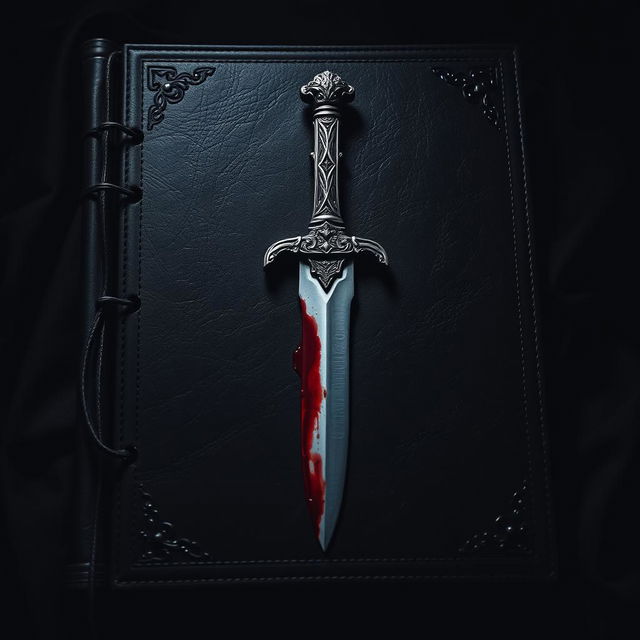 A dramatic scene featuring a dark, textured cover, possibly of leather or cloth, with an ornate dagger prominently displayed in the center