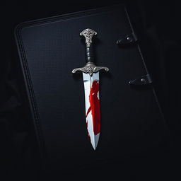 A dramatic scene featuring a dark, textured cover, possibly of leather or cloth, with an ornate dagger prominently displayed in the center