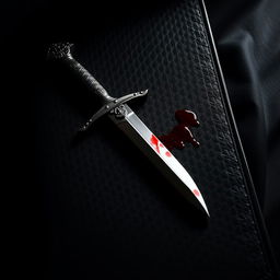 A dramatic scene featuring a dark, textured cover, possibly of leather or cloth, with an ornate dagger prominently displayed in the center