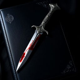 A dramatic scene featuring a dark, textured cover, possibly of leather or cloth, with an ornate dagger prominently displayed in the center