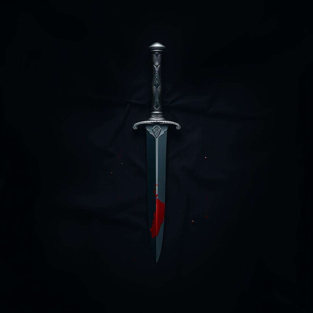 A dramatic scene featuring a dark, textured backdrop, such as black velvet or shadowy fabric, serving as the canvas for a menacing dagger