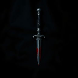 A dramatic scene featuring a dark, textured backdrop, such as black velvet or shadowy fabric, serving as the canvas for a menacing dagger