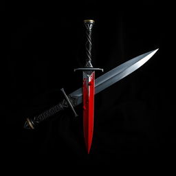 A dramatic scene featuring a dark, textured backdrop, such as black velvet or shadowy fabric, serving as the canvas for a menacing dagger