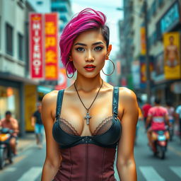 A portrait of a short-haired Indonesian woman with vibrant colored hair, showcasing a muscular physique and a seductive expression