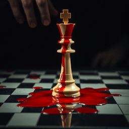 A dramatic close-up of a king chess piece positioned in the center of a chessboard, with vivid red blood dripping from the piece and pooling onto the checkered surface
