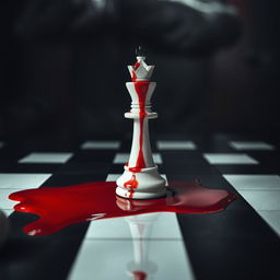 A dramatic close-up of a king chess piece positioned in the center of a chessboard, with vivid red blood dripping from the piece and pooling onto the checkered surface