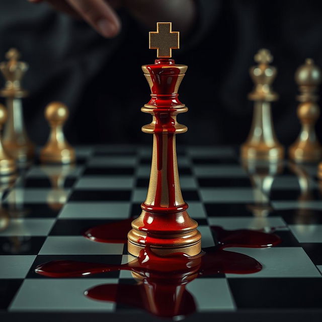 A dramatic close-up of a king chess piece positioned in the center of a chessboard, with vivid red blood dripping from the piece and pooling onto the checkered surface