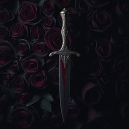 A dramatic scene featuring a dark rose backdrop, where deep black and dark red roses create a lush and textured background