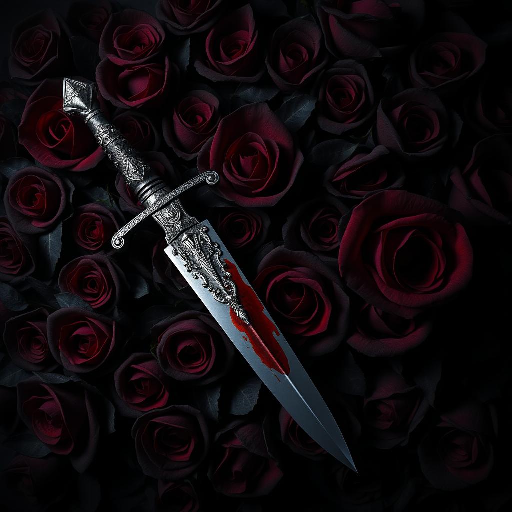 A dramatic scene featuring a dark rose backdrop, where deep black and dark red roses create a lush and textured background