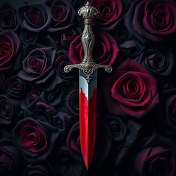 A dramatic scene featuring a dark rose backdrop, where deep black and dark red roses create a lush and textured background