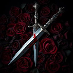 A dramatic scene featuring a dark rose backdrop, where deep black and dark red roses create a lush and textured background