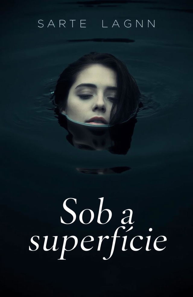 An image of a woman partially submerged in dark water, with just the top of her face exposed, conveying a sense of serenity and mystery