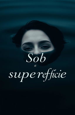 An image of a woman partially submerged in dark water, with just the top of her face exposed, conveying a sense of serenity and mystery