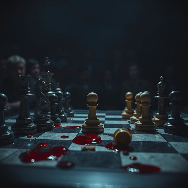 A dramatic chess game scene, showcasing a chessboard with blood drops scattered across it, emphasizing the intensity of the match