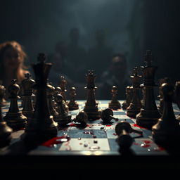 A dramatic chess game scene, showcasing a chessboard with blood drops scattered across it, emphasizing the intensity of the match