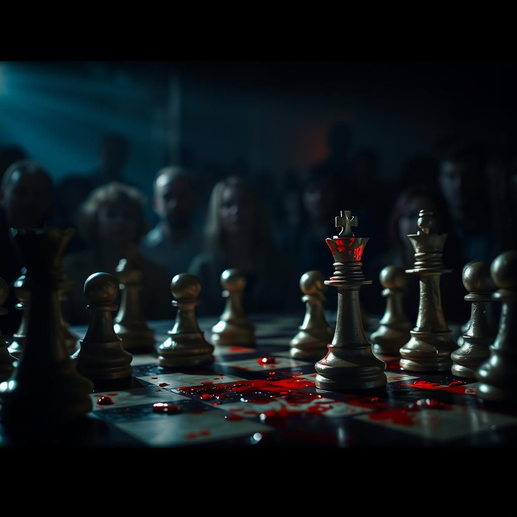 A dramatic chess game scene, showcasing a chessboard with blood drops scattered across it, emphasizing the intensity of the match