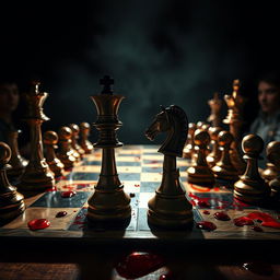 A dramatic chess game scene, showcasing a chessboard with blood drops scattered across it, emphasizing the intensity of the match