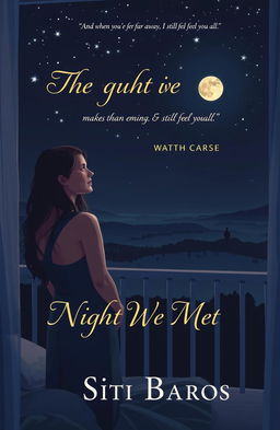 A serene nighttime scene depicting a woman standing on the balcony of her bedroom