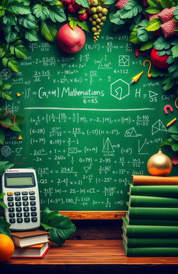 A vibrant and visually engaging image representing mathematics, featuring a lush green background filled with mathematical symbols like equations, geometric shapes, and graphs