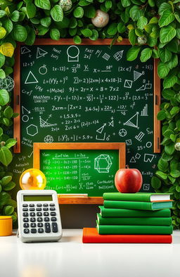 A vibrant and visually engaging image representing mathematics, featuring a lush green background filled with mathematical symbols like equations, geometric shapes, and graphs